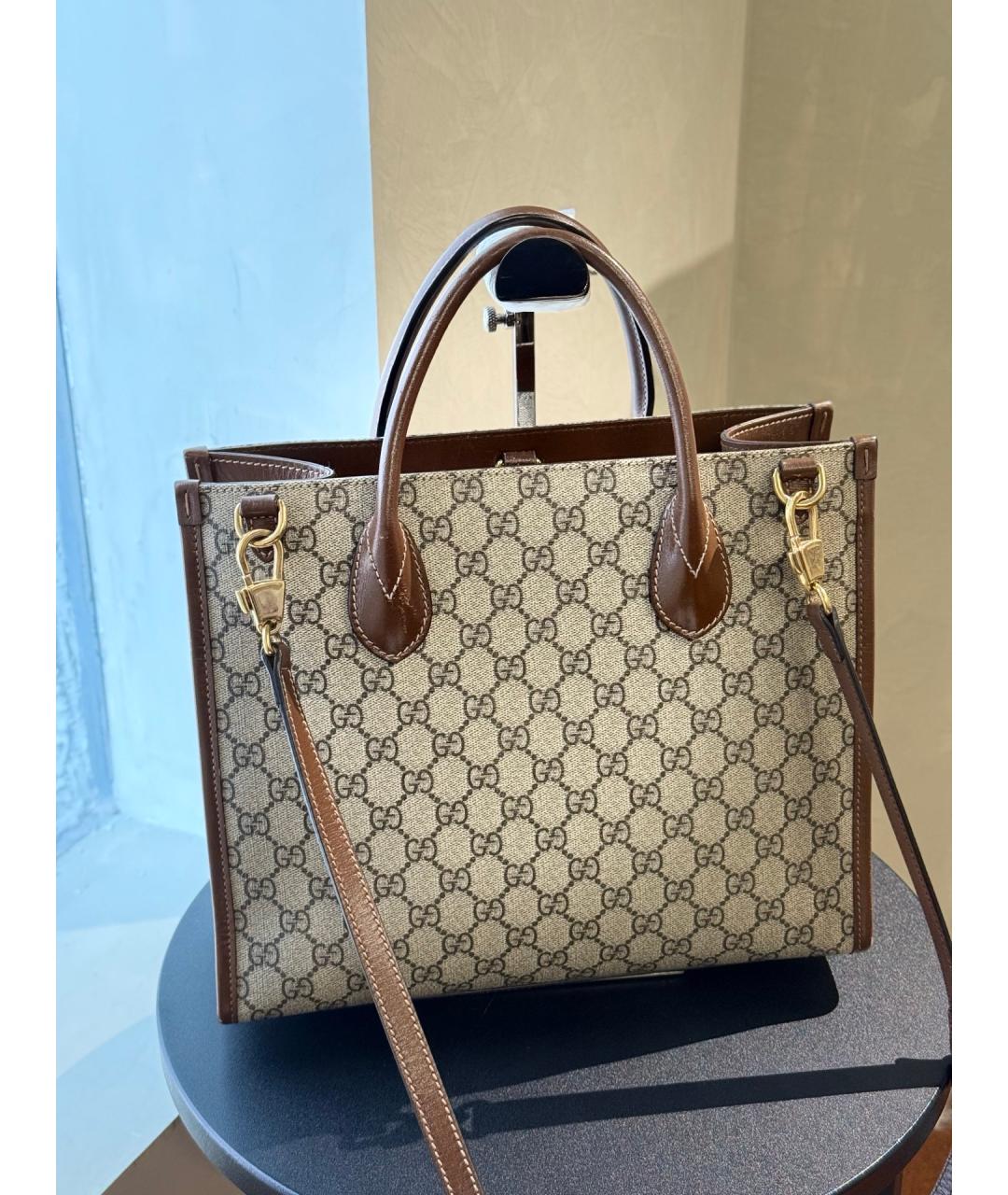 GUCCI Бежевая кожаная сумка с короткими ручками, фото 5