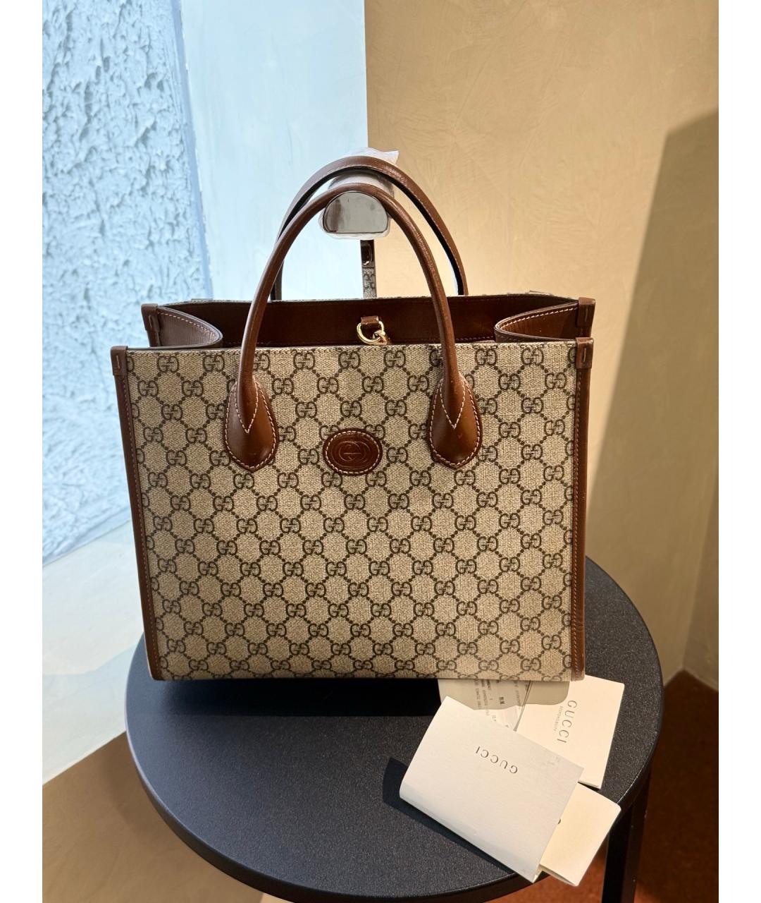 GUCCI Бежевая кожаная сумка с короткими ручками, фото 10