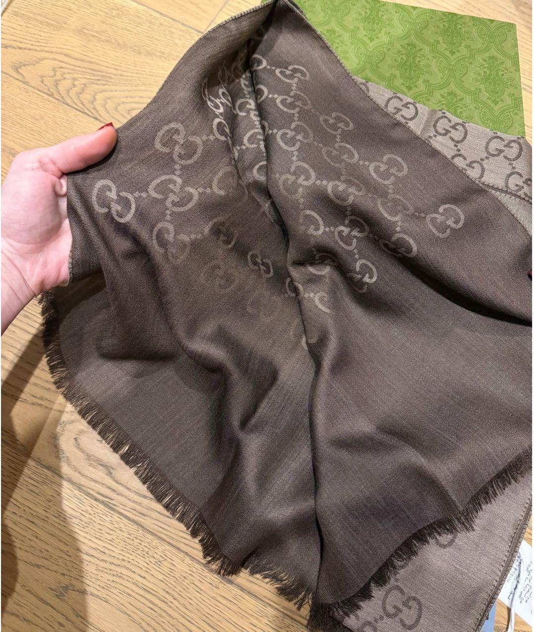 GUCCI Коричневый шерстяной платок, фото 3