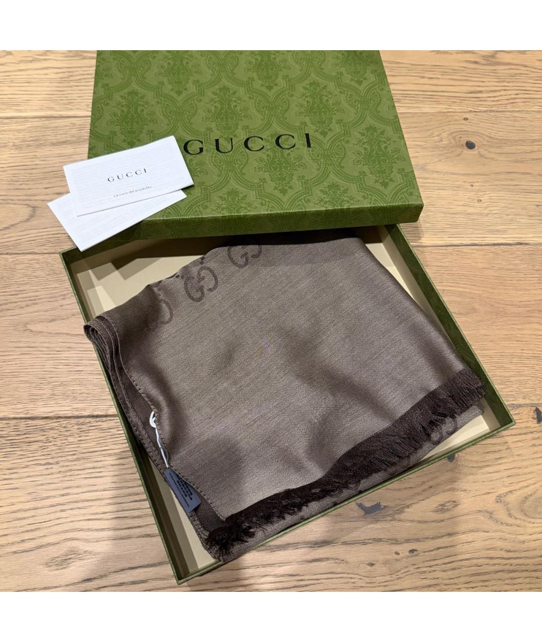 GUCCI Коричневый шерстяной платок, фото 7