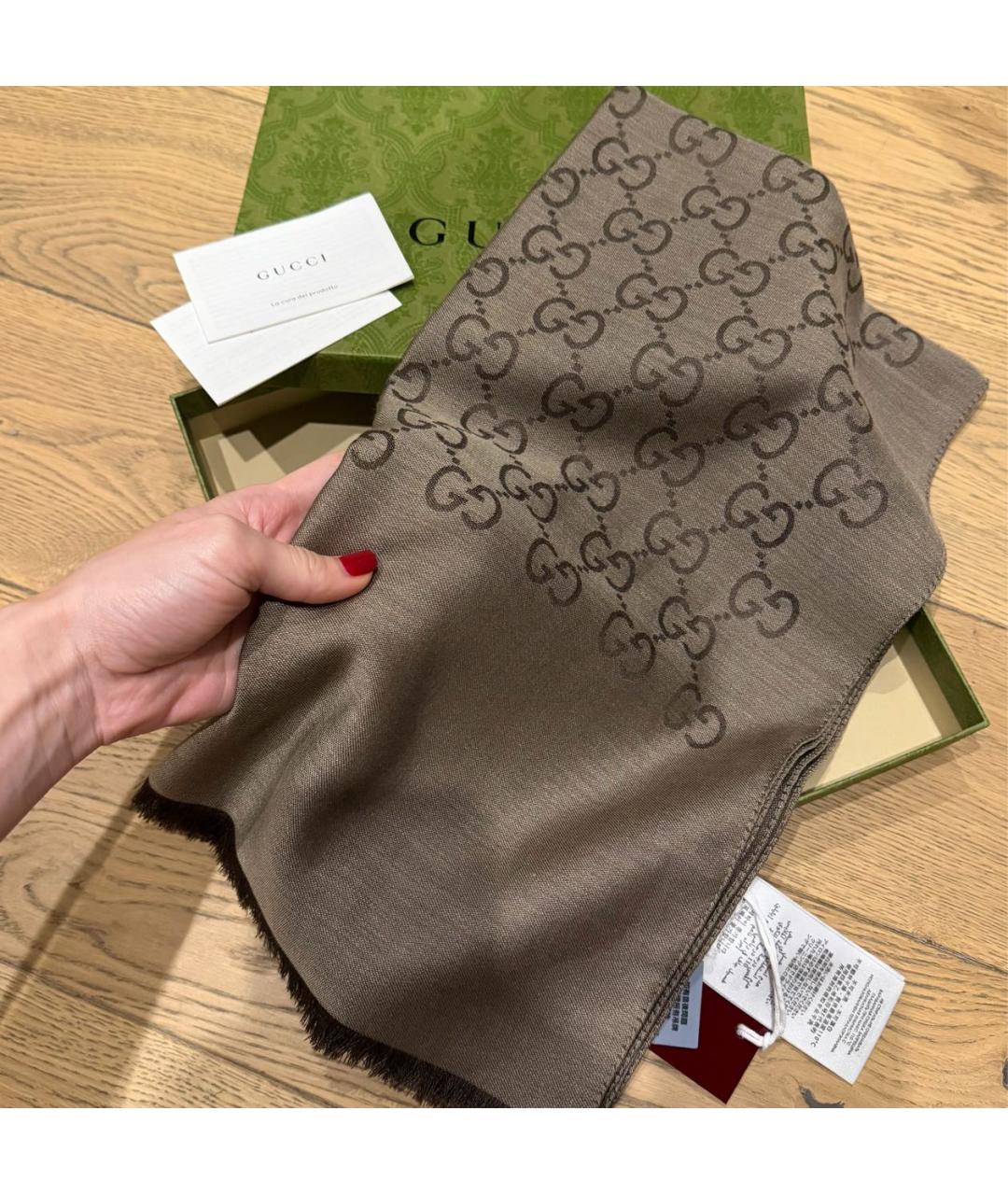 GUCCI Коричневый шерстяной платок, фото 5