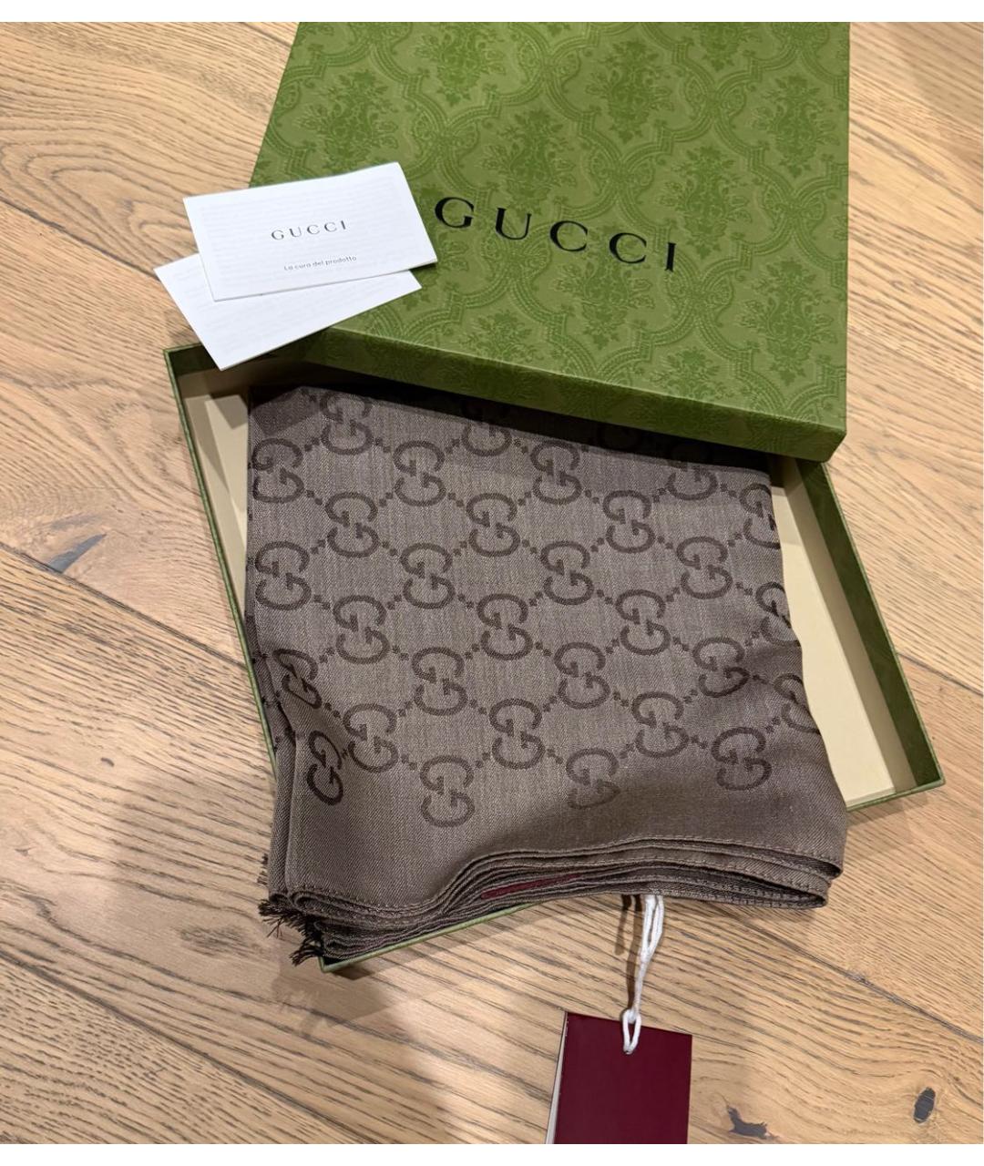 GUCCI Коричневый шерстяной платок, фото 2