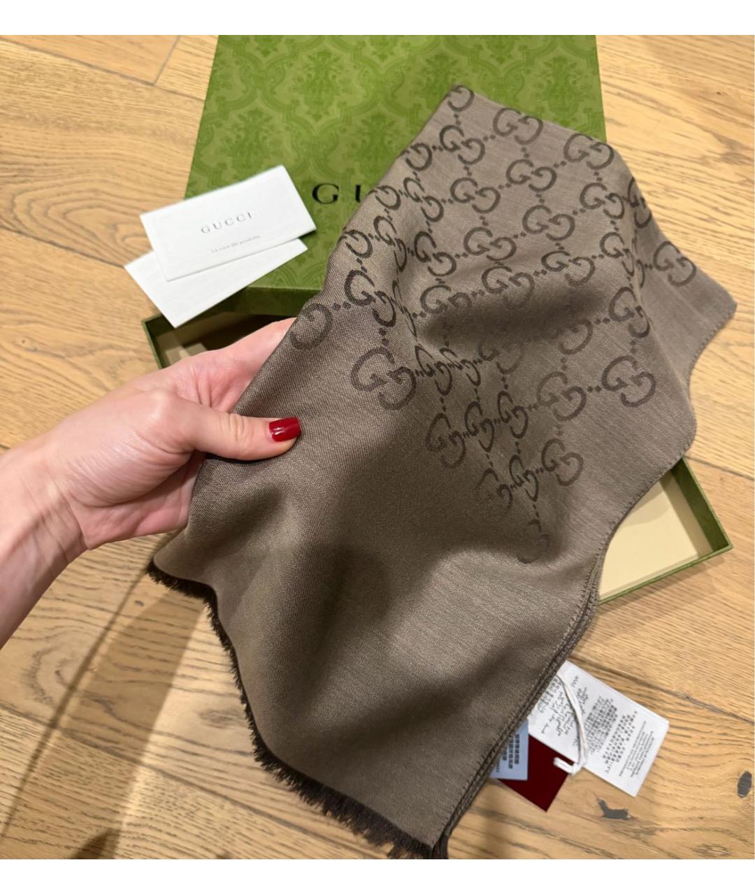 GUCCI Коричневый шерстяной шарф, фото 6