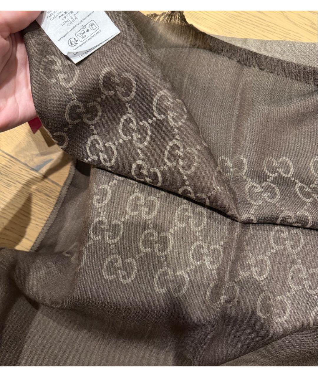 GUCCI Коричневый шерстяной шарф, фото 8