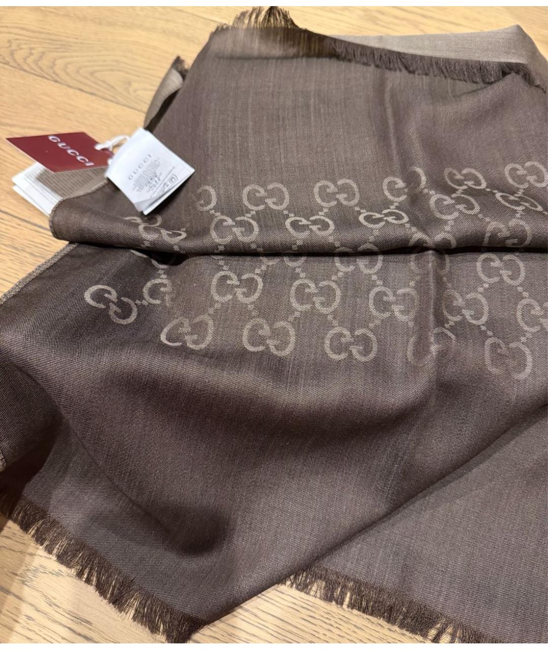 GUCCI Коричневый шерстяной шарф, фото 4