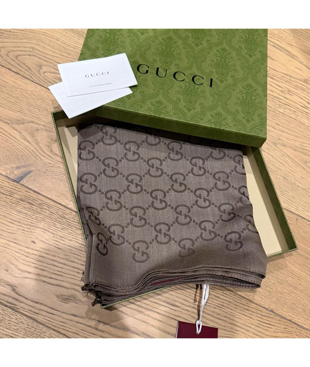 GUCCI Коричневый шерстяной шарф, фото 5