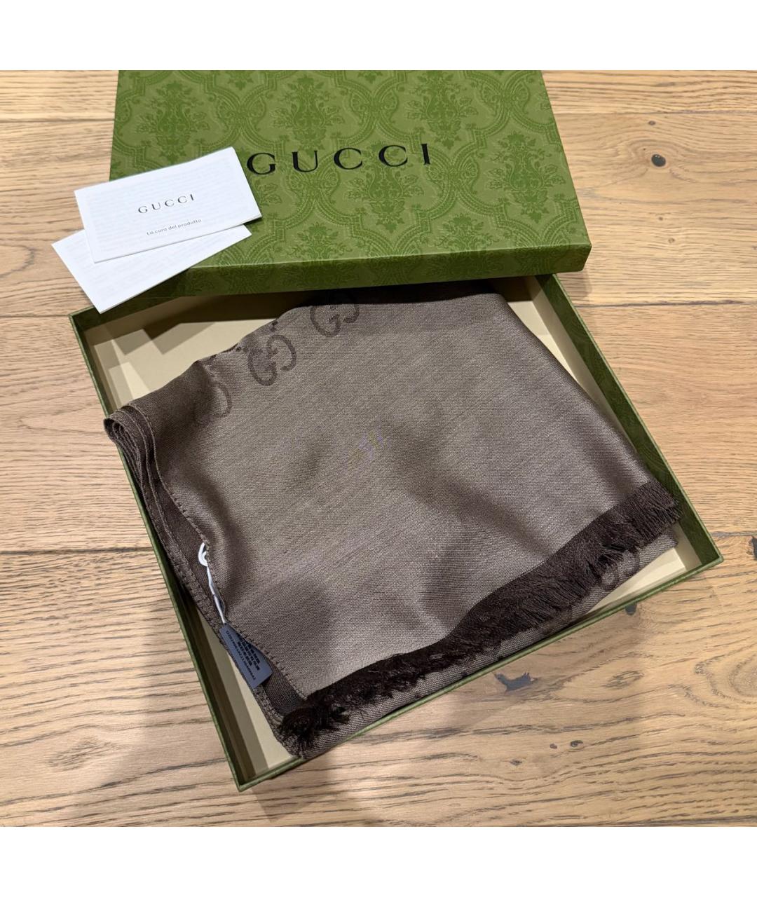 GUCCI Коричневый шерстяной шарф, фото 7