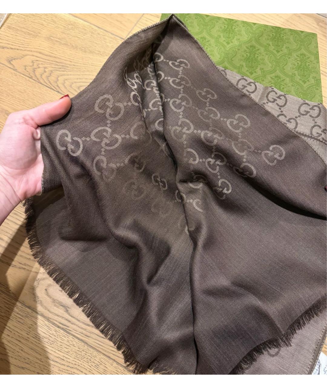 GUCCI Коричневый шерстяной шарф, фото 2