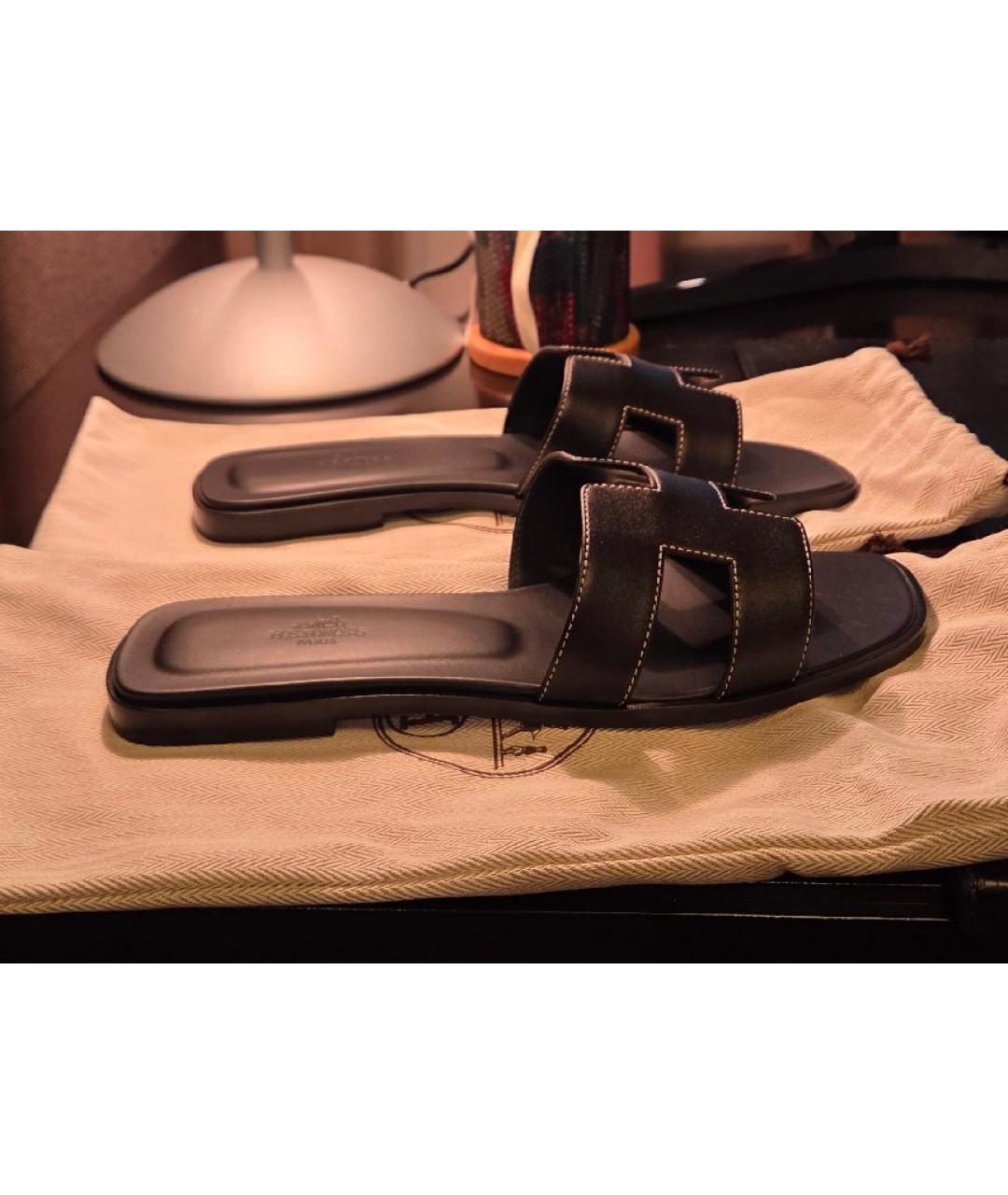 HERMES Черные кожаные шлепанцы, фото 9