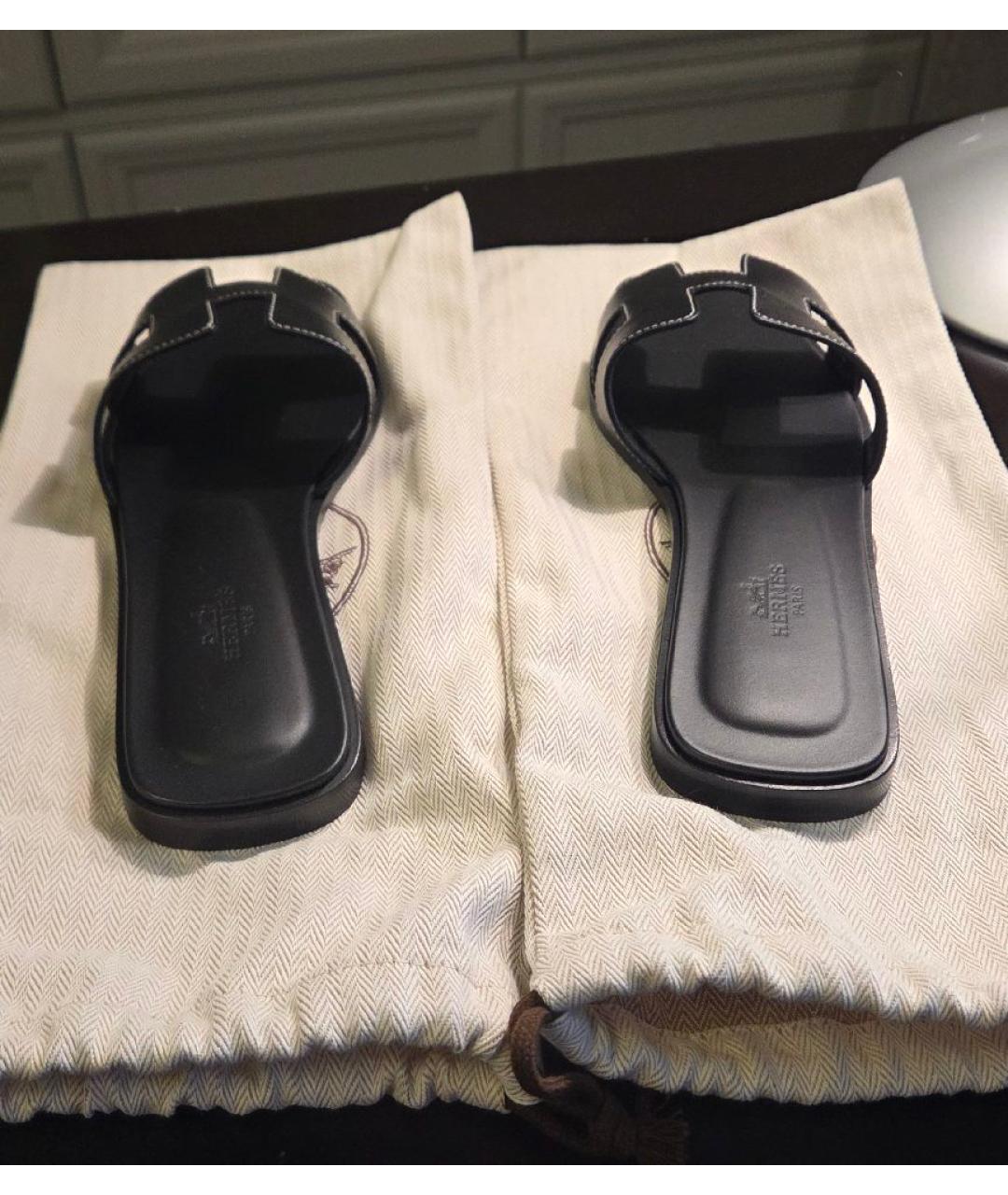 HERMES Черные кожаные шлепанцы, фото 4
