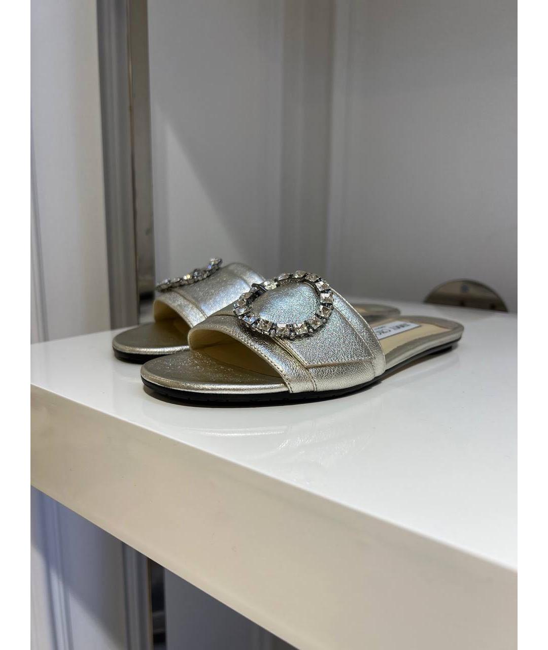 JIMMY CHOO Серебряные кожаные шлепанцы, фото 3