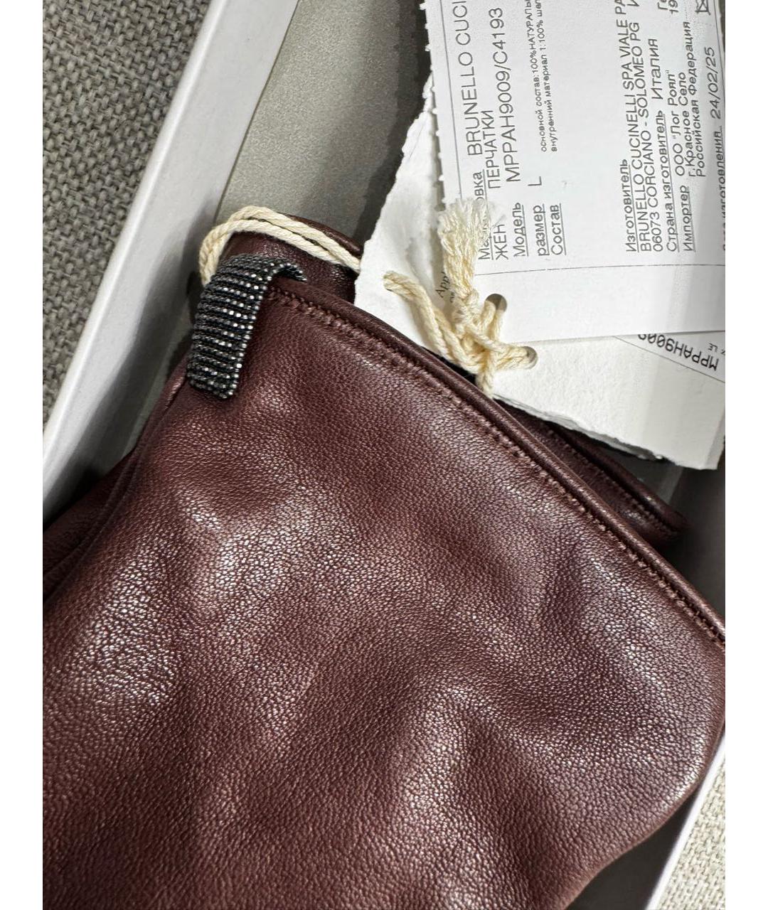 BRUNELLO CUCINELLI Бордовые кожаные перчатки, фото 3