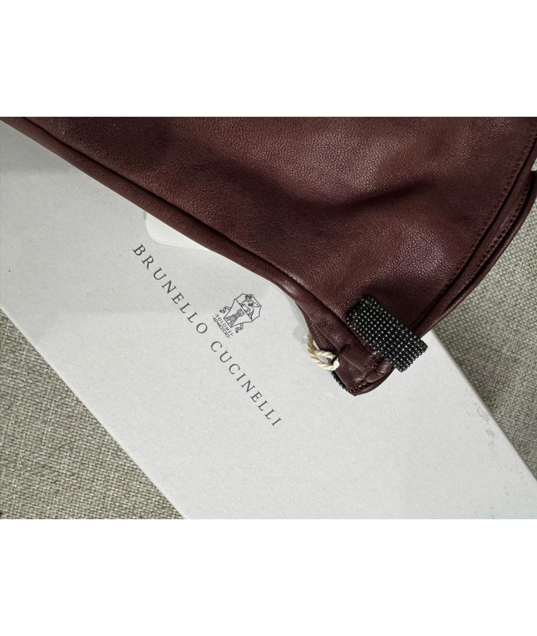 BRUNELLO CUCINELLI Бордовые кожаные перчатки, фото 6