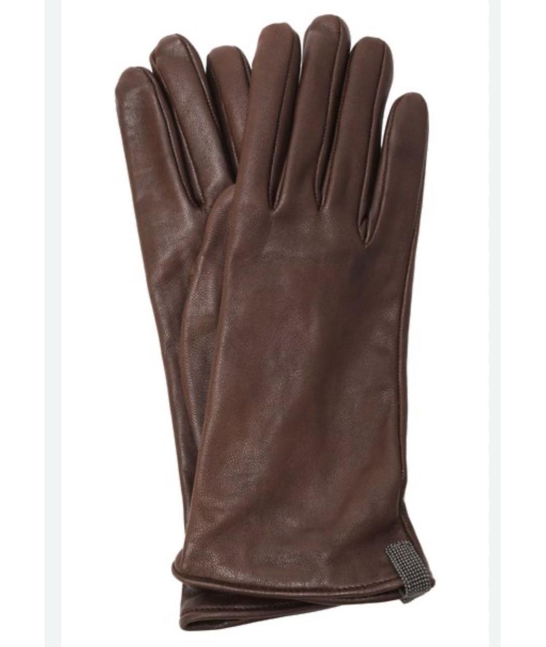 BRUNELLO CUCINELLI Бордовые кожаные перчатки, фото 7