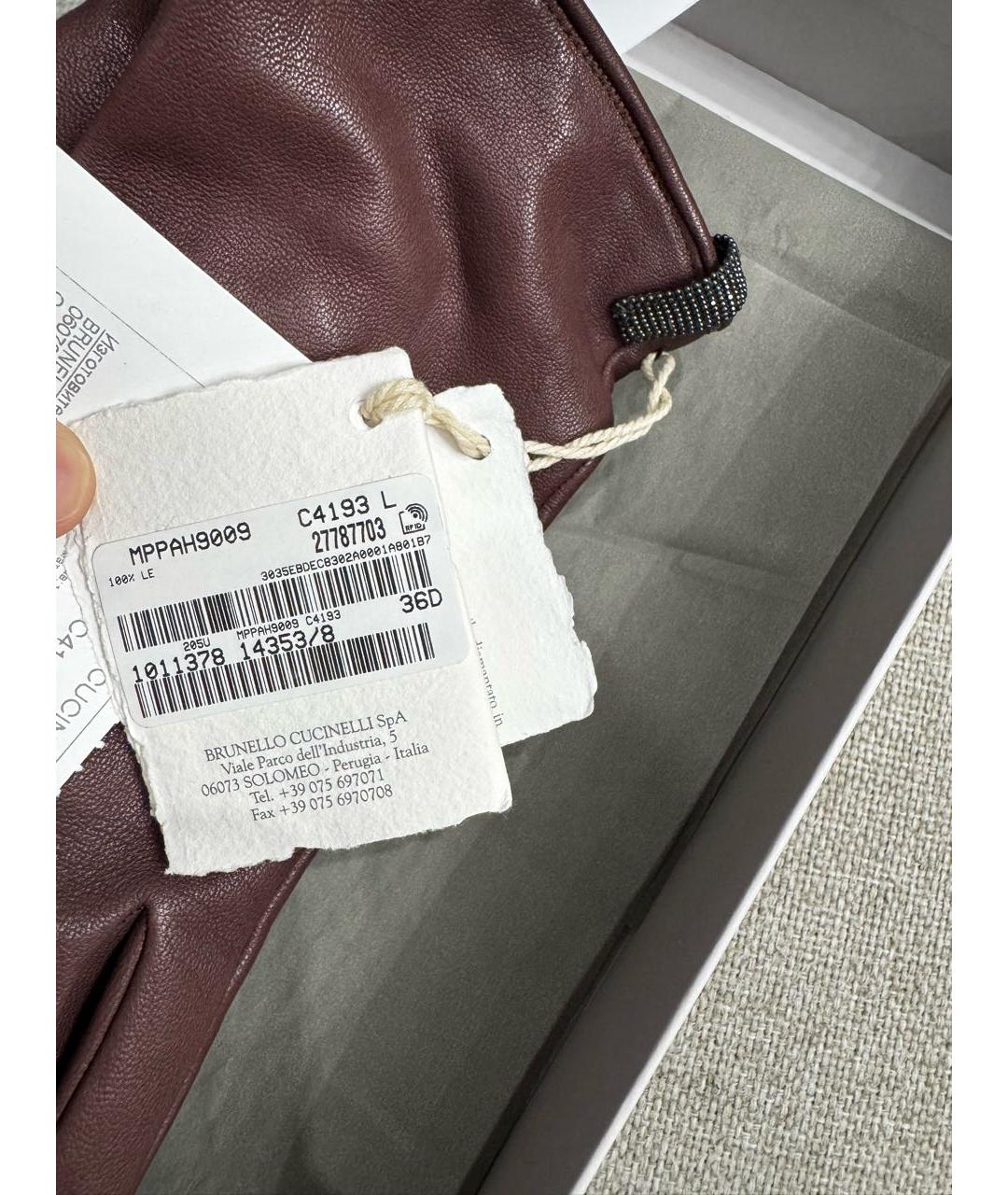 BRUNELLO CUCINELLI Бордовые кожаные перчатки, фото 5