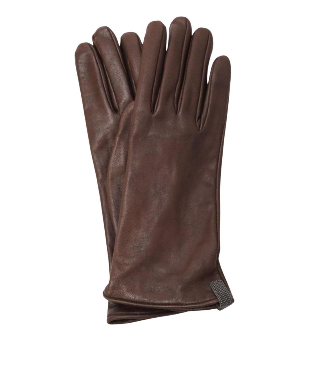 BRUNELLO CUCINELLI Бордовые кожаные перчатки, фото 1