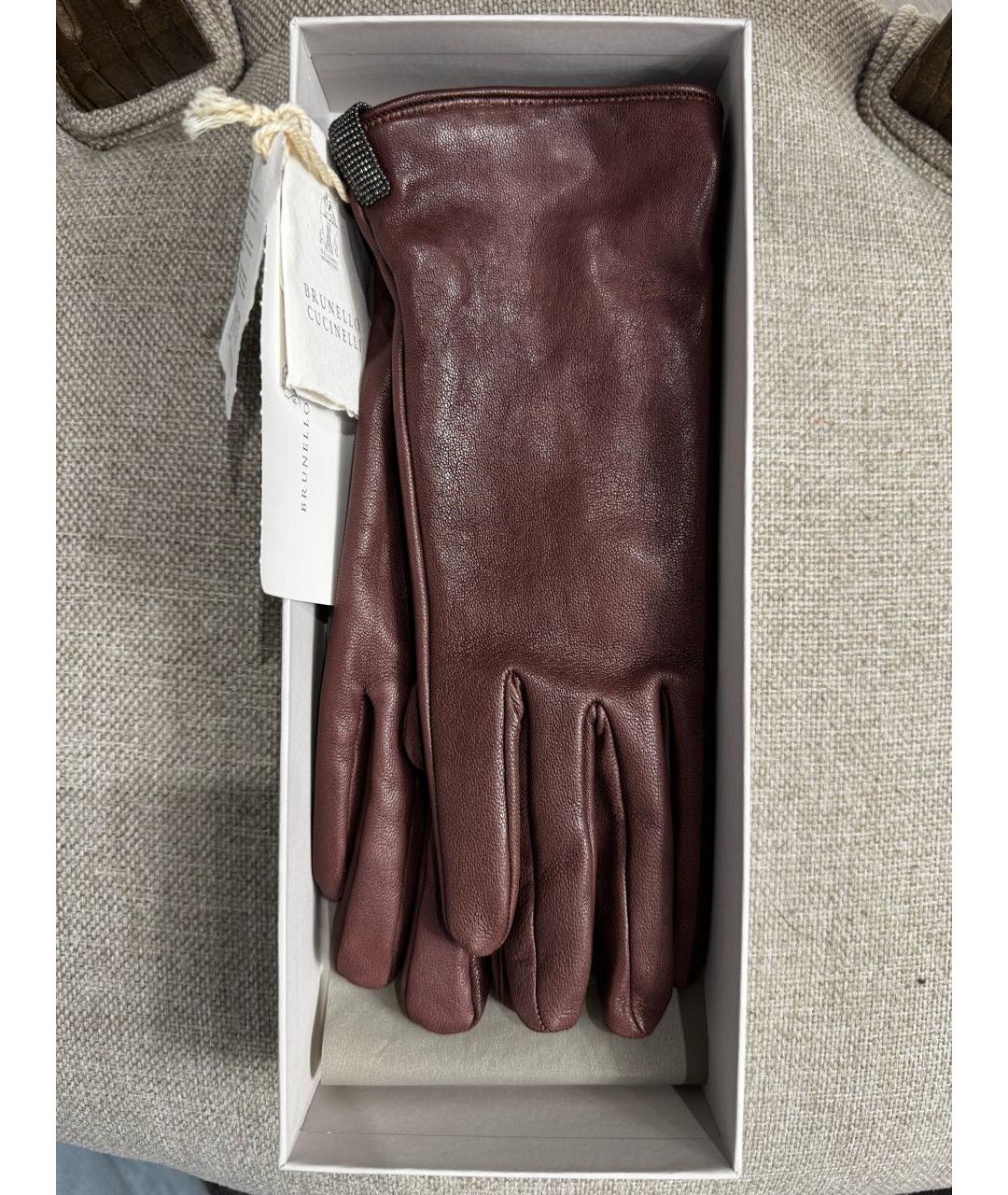 BRUNELLO CUCINELLI Бордовые кожаные перчатки, фото 2