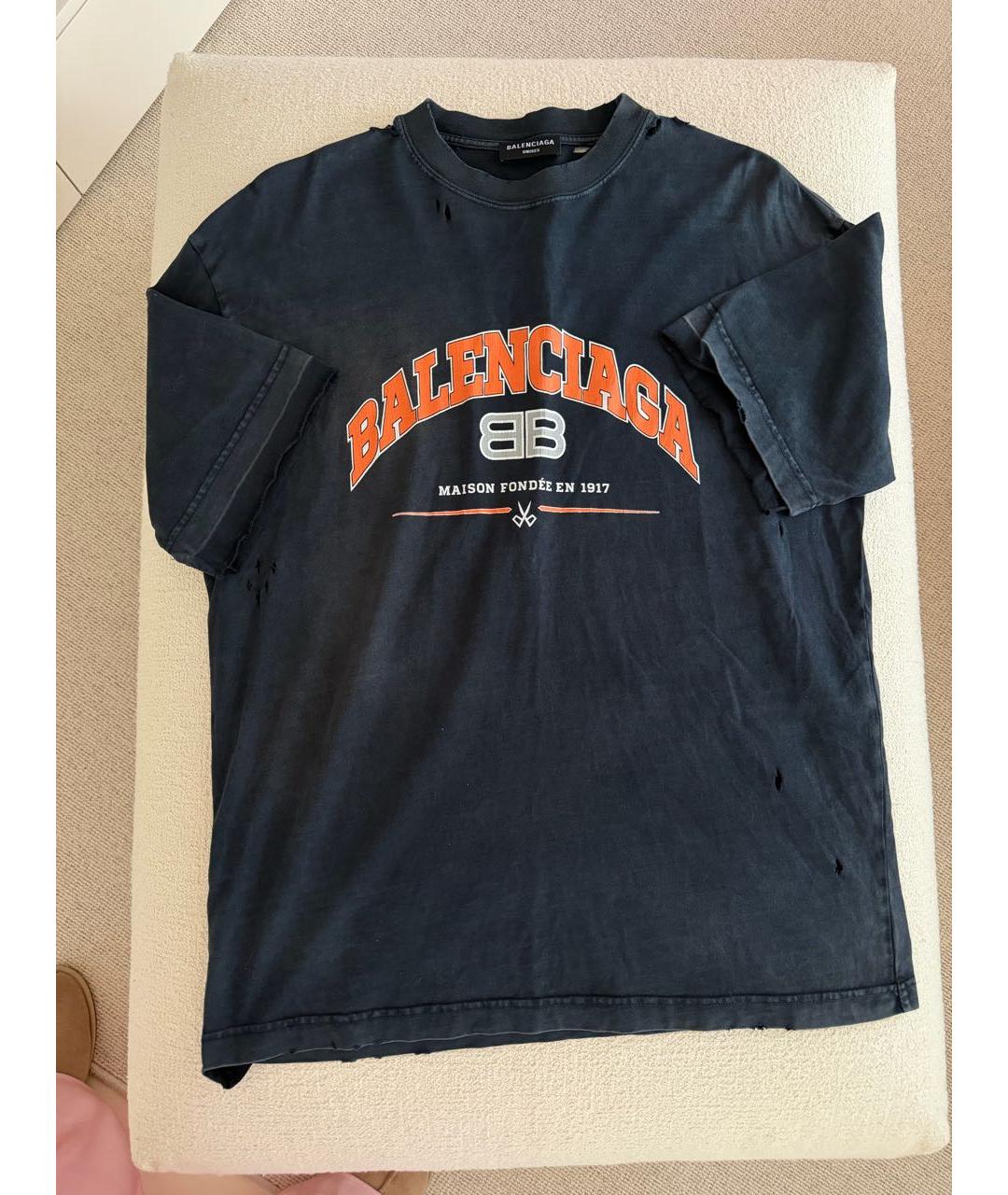 BALENCIAGA Темно-синяя хлопковая футболка, фото 5