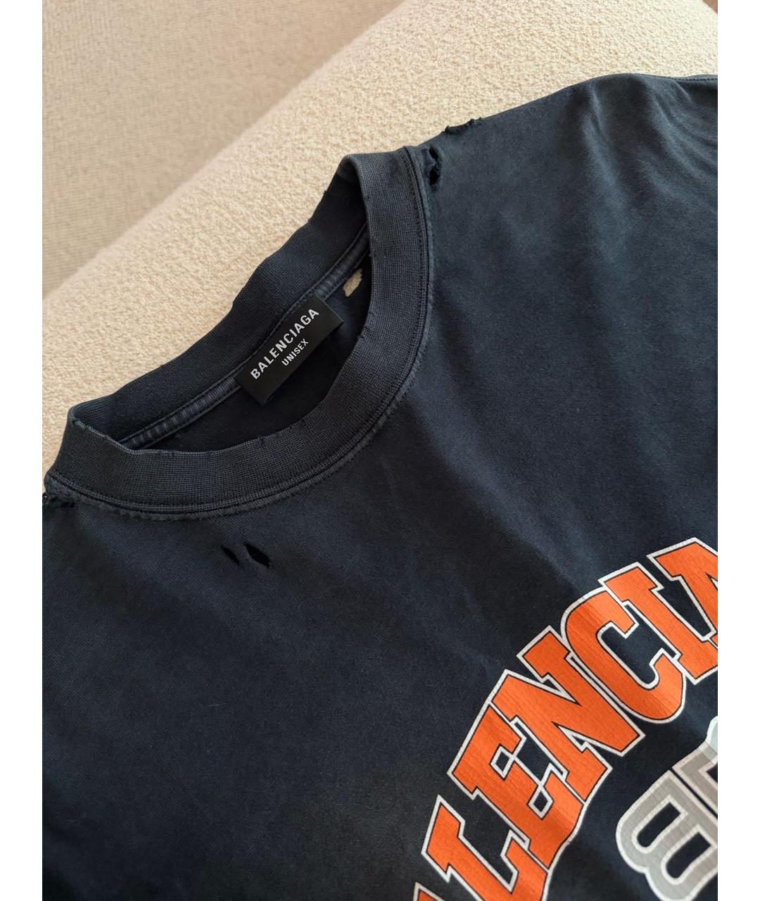 BALENCIAGA Темно-синяя хлопковая футболка, фото 3