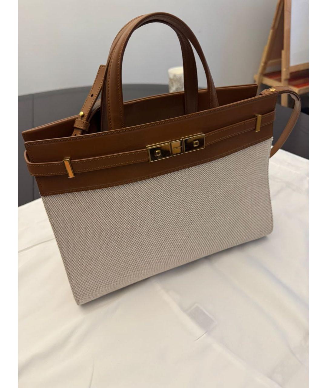 SAINT LAURENT Бежевая кожаная сумка с короткими ручками, фото 6