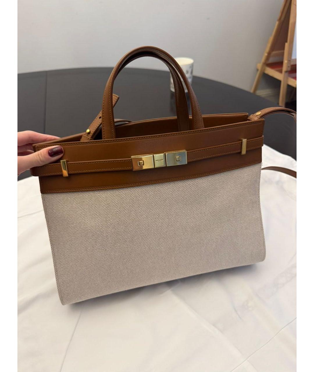 SAINT LAURENT Бежевая кожаная сумка с короткими ручками, фото 5