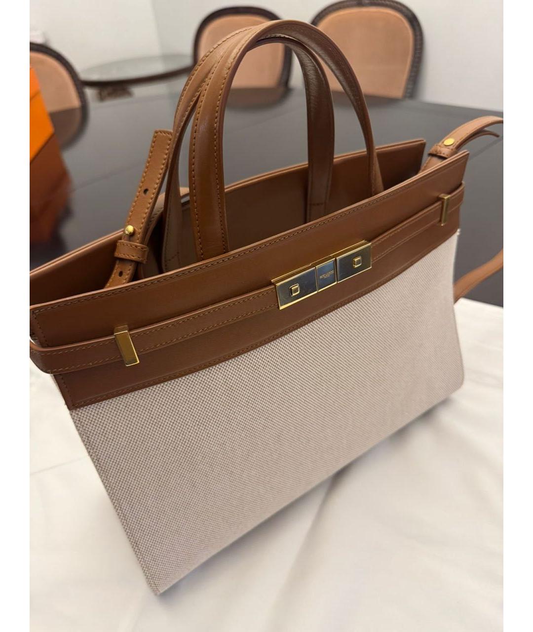 SAINT LAURENT Бежевая кожаная сумка с короткими ручками, фото 2