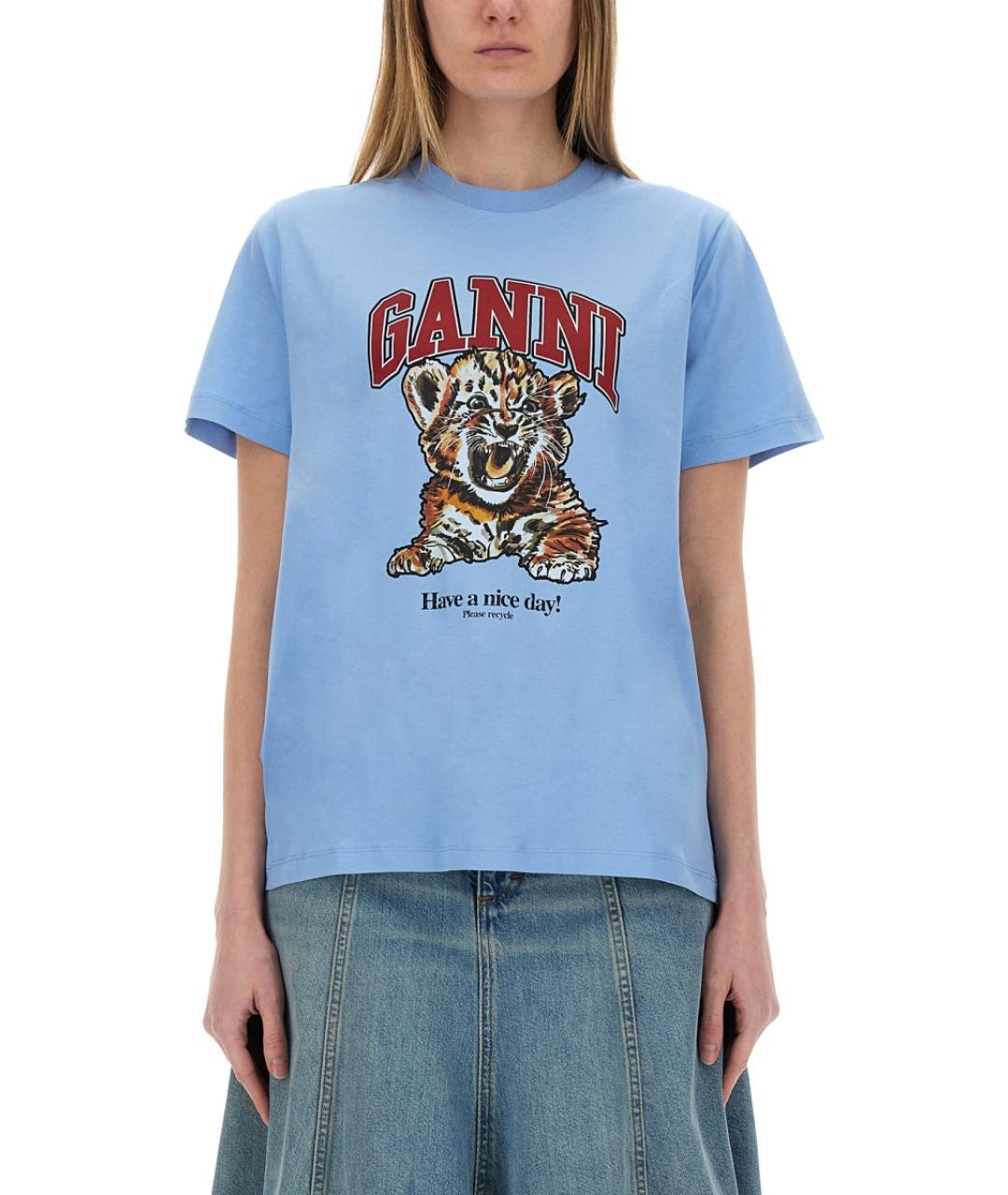 GANNI Голубая хлопковая футболка, фото 2