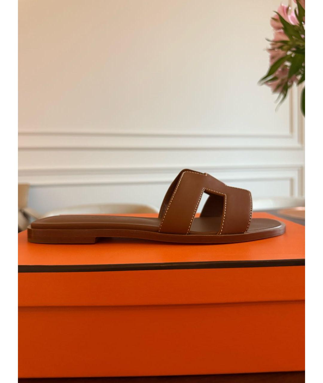 HERMES Коричневые кожаные шлепанцы, фото 7