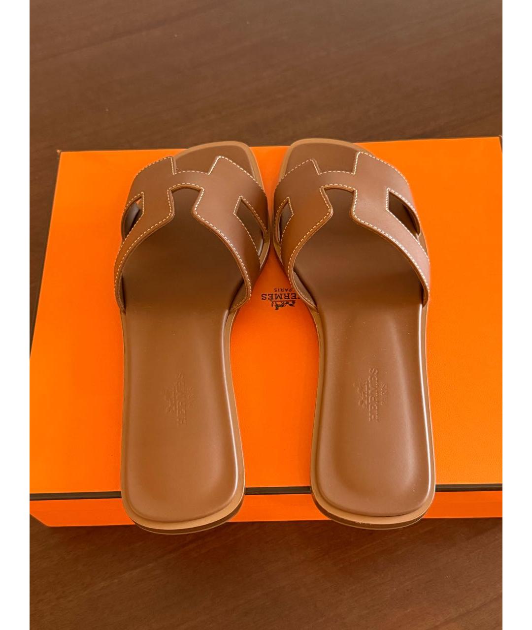 HERMES Коричневые кожаные шлепанцы, фото 3