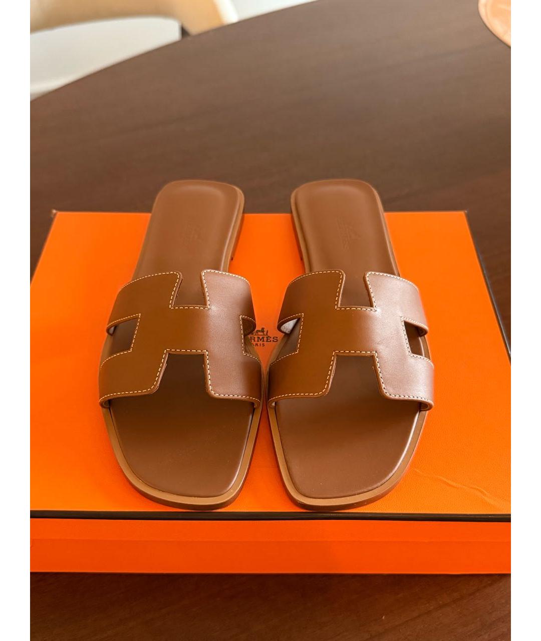 HERMES Коричневые кожаные шлепанцы, фото 2