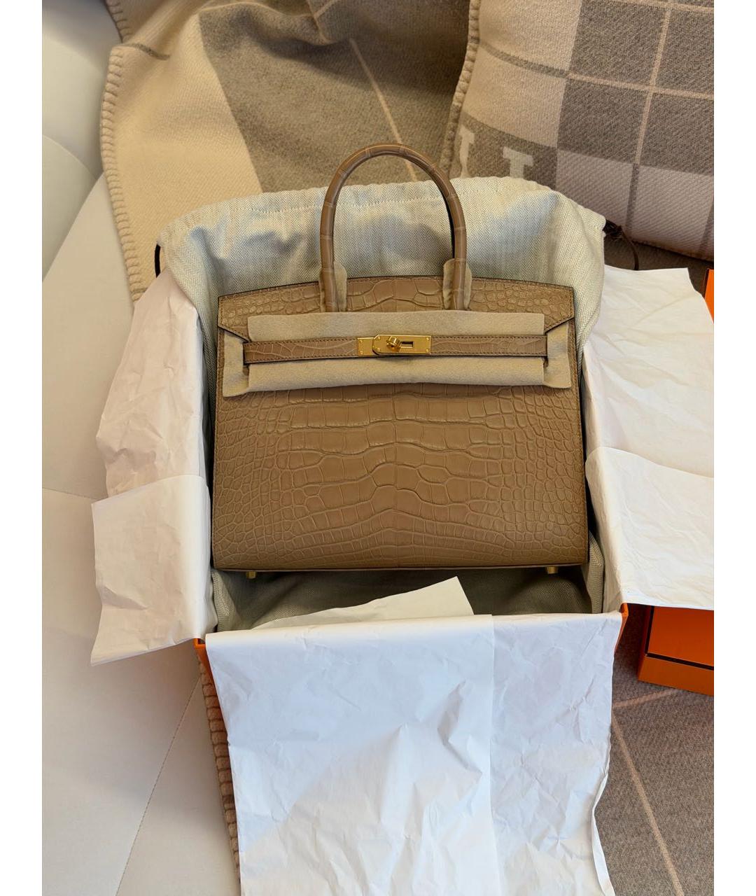 HERMES Бежевая сумка с короткими ручками из экзотической кожи, фото 8