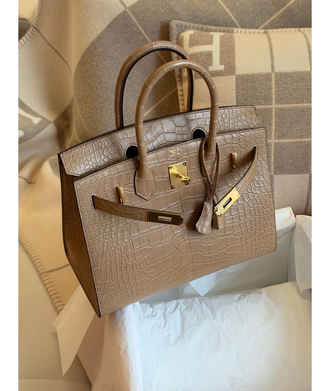 HERMES Бежевая сумка с короткими ручками из экзотической кожи, фото 6