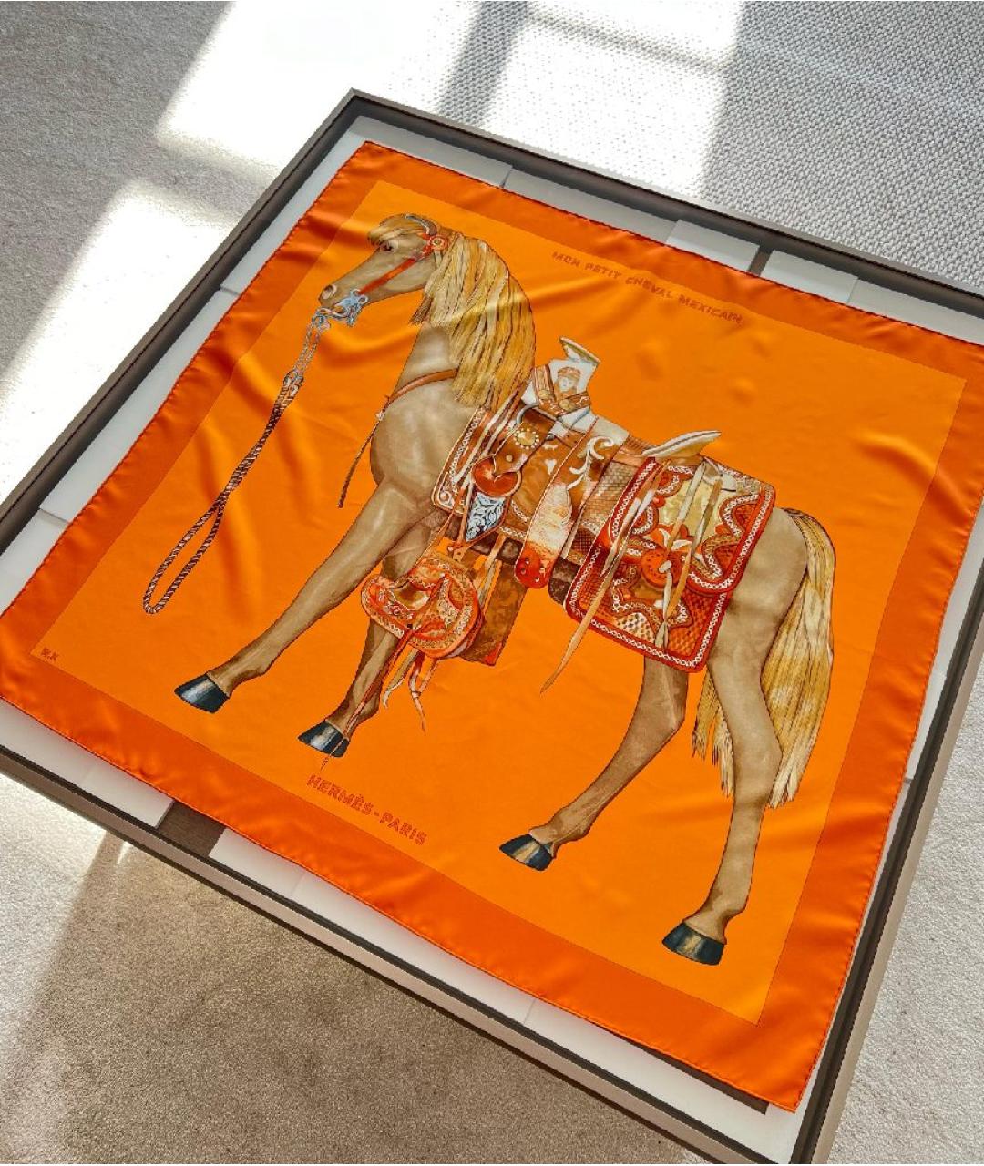 HERMES Оранжевый шелковый платок, фото 8