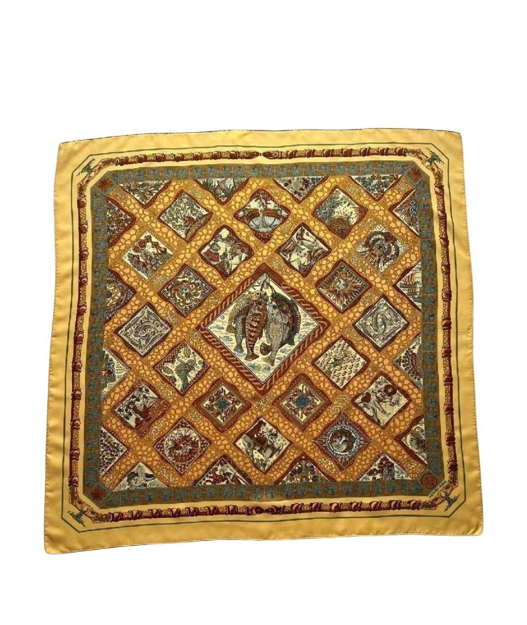 HERMES Желтый шелковый платок, фото 1