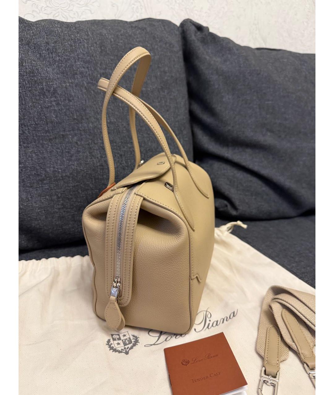 LORO PIANA Бежевая кожаная сумка с короткими ручками, фото 2