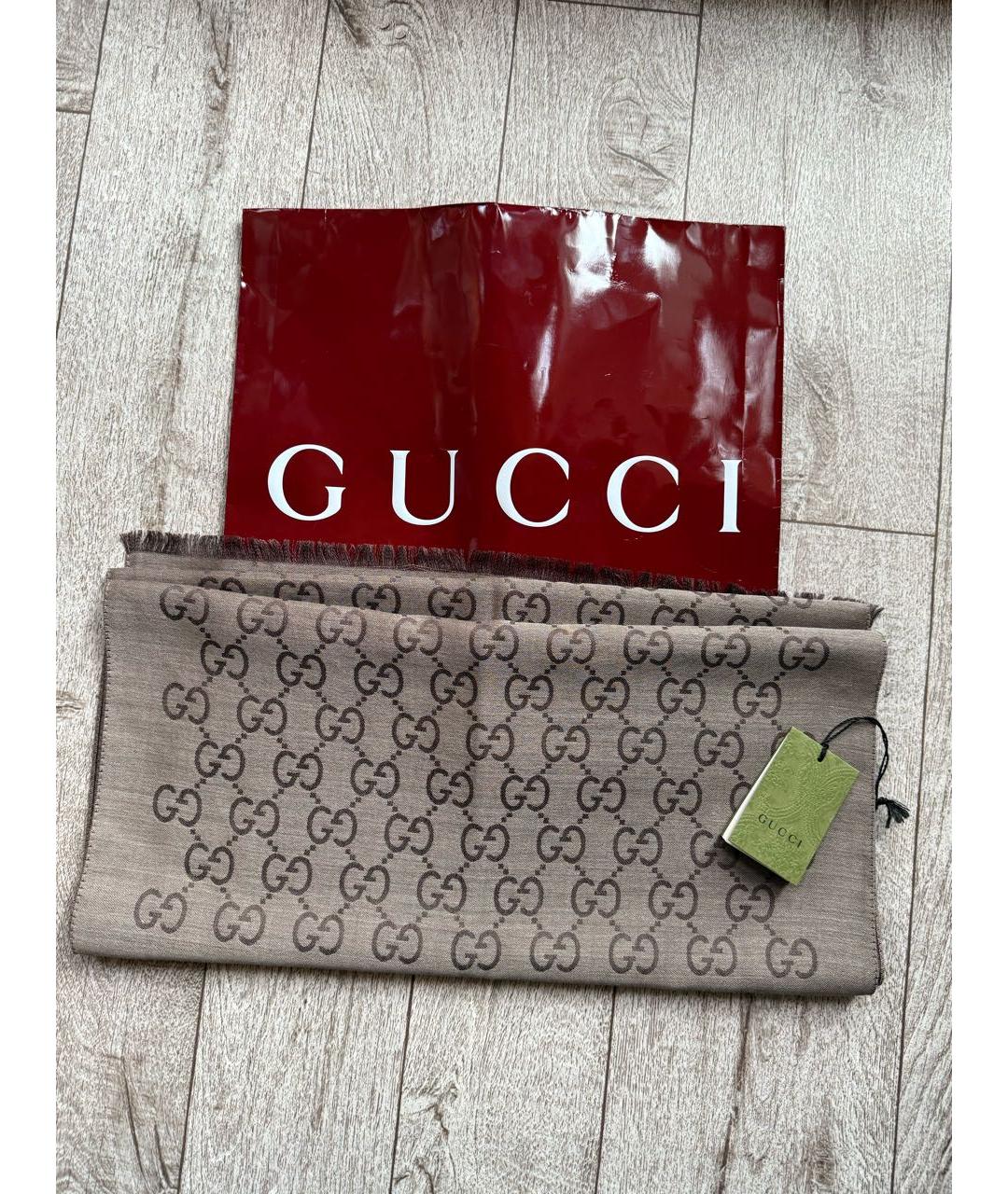 GUCCI Коричневый шерстяной шарф, фото 2