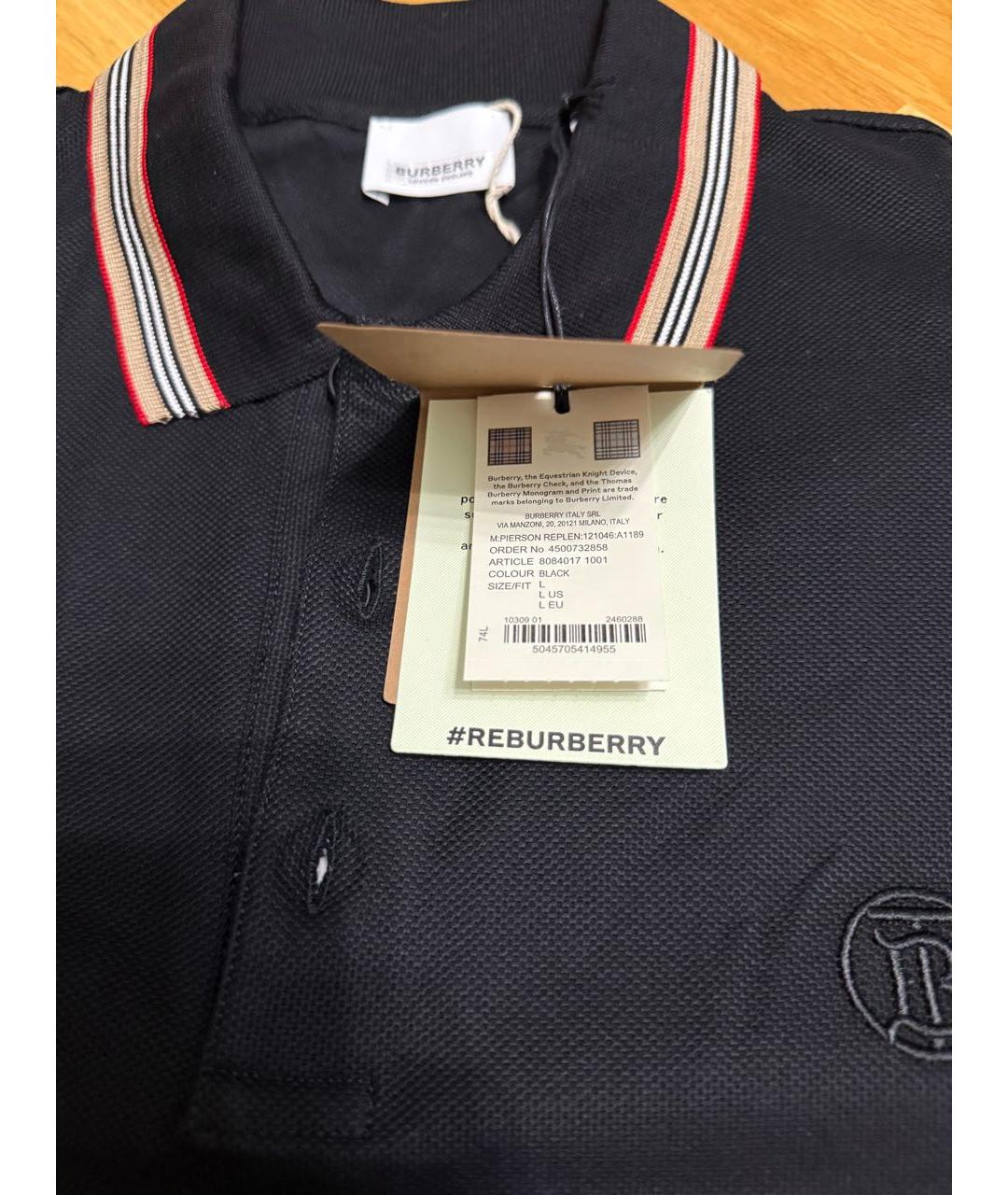 BURBERRY Черное хлопковое поло с коротким рукавом, фото 6