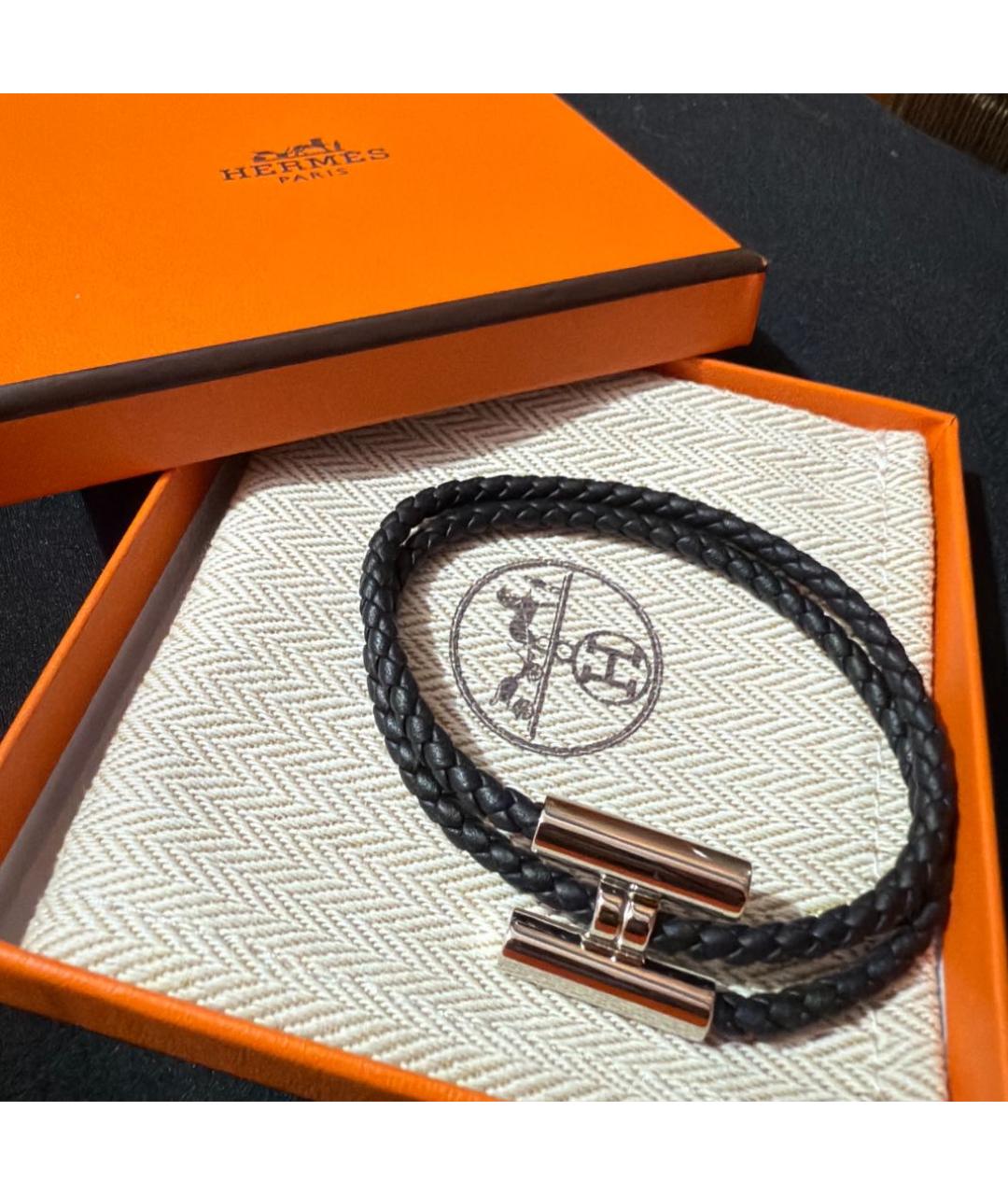 HERMES Черный кожаный браслет, фото 2