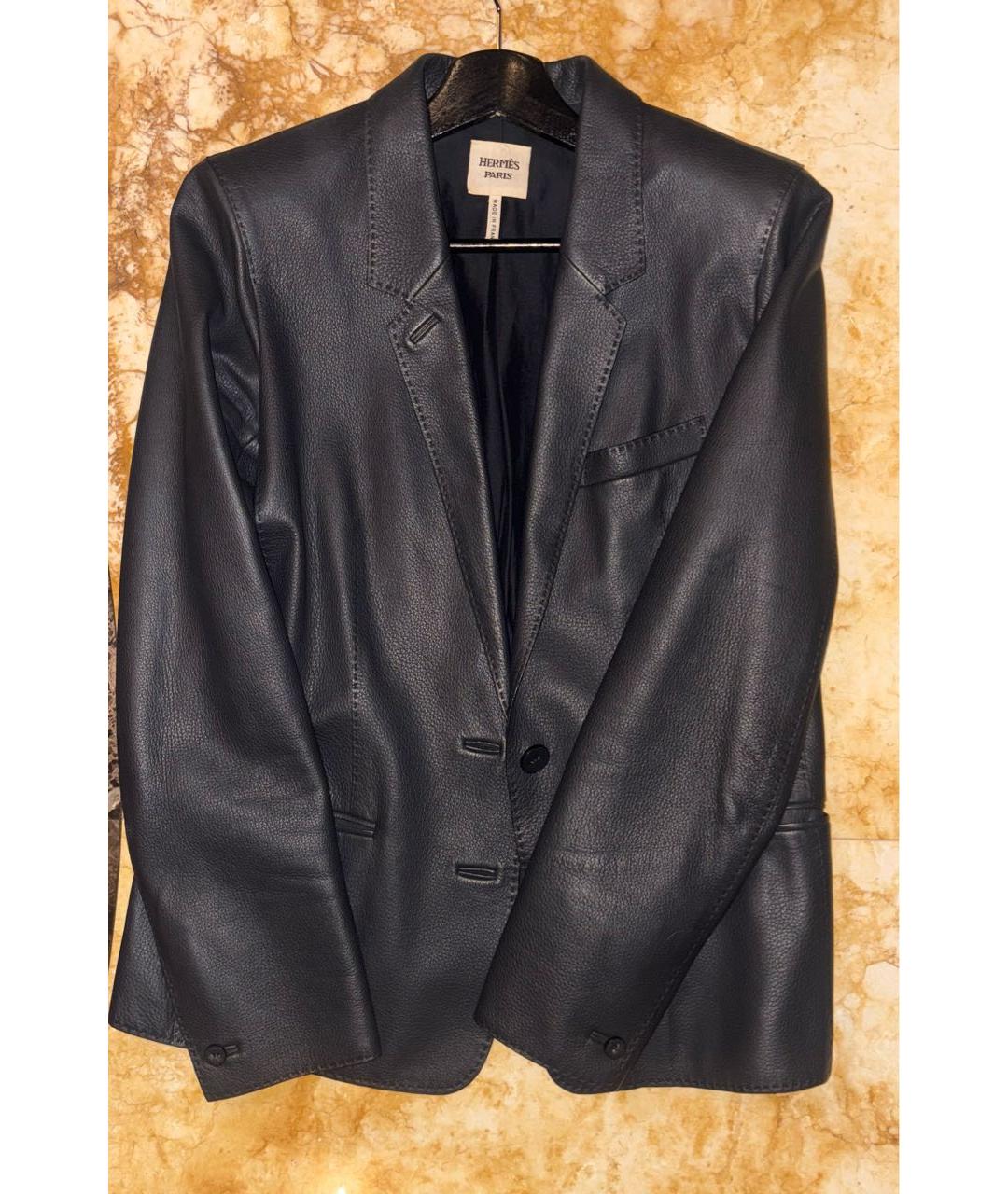 HERMES Антрацитовый кожаный жакет/пиджак, фото 5
