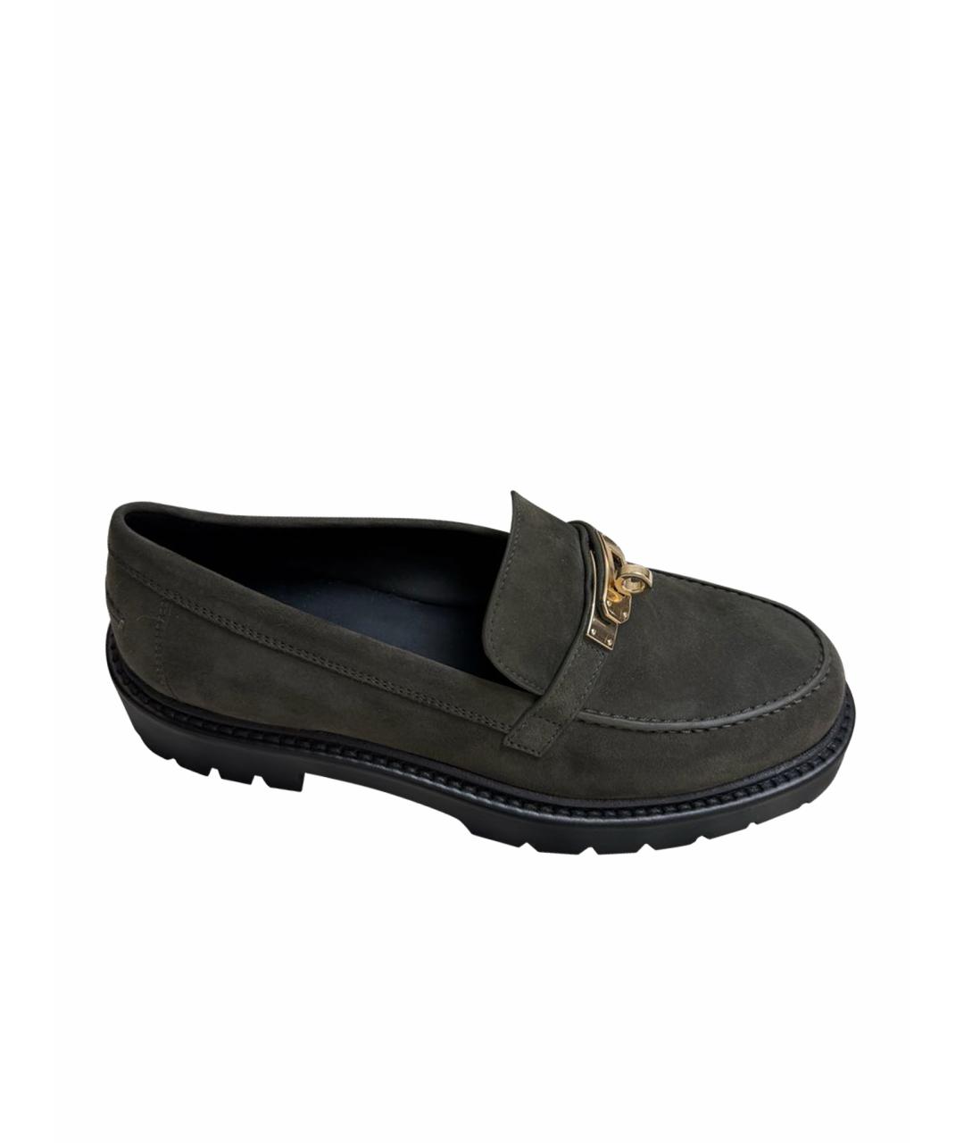 HERMES Хаки замшевые лоферы, фото 1