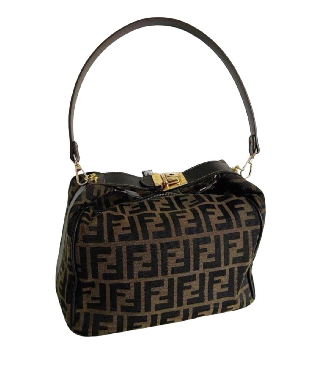 FENDI Коричневая тканевая сумка с короткими ручками, фото 1
