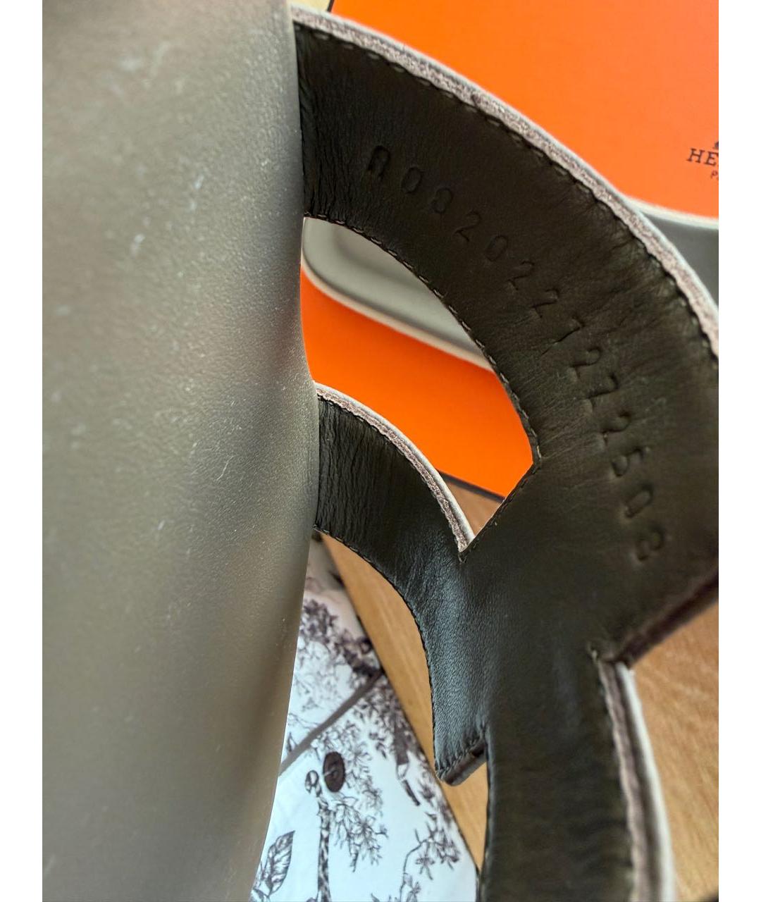 HERMES Антрацитовые кожаные шлепанцы, фото 5