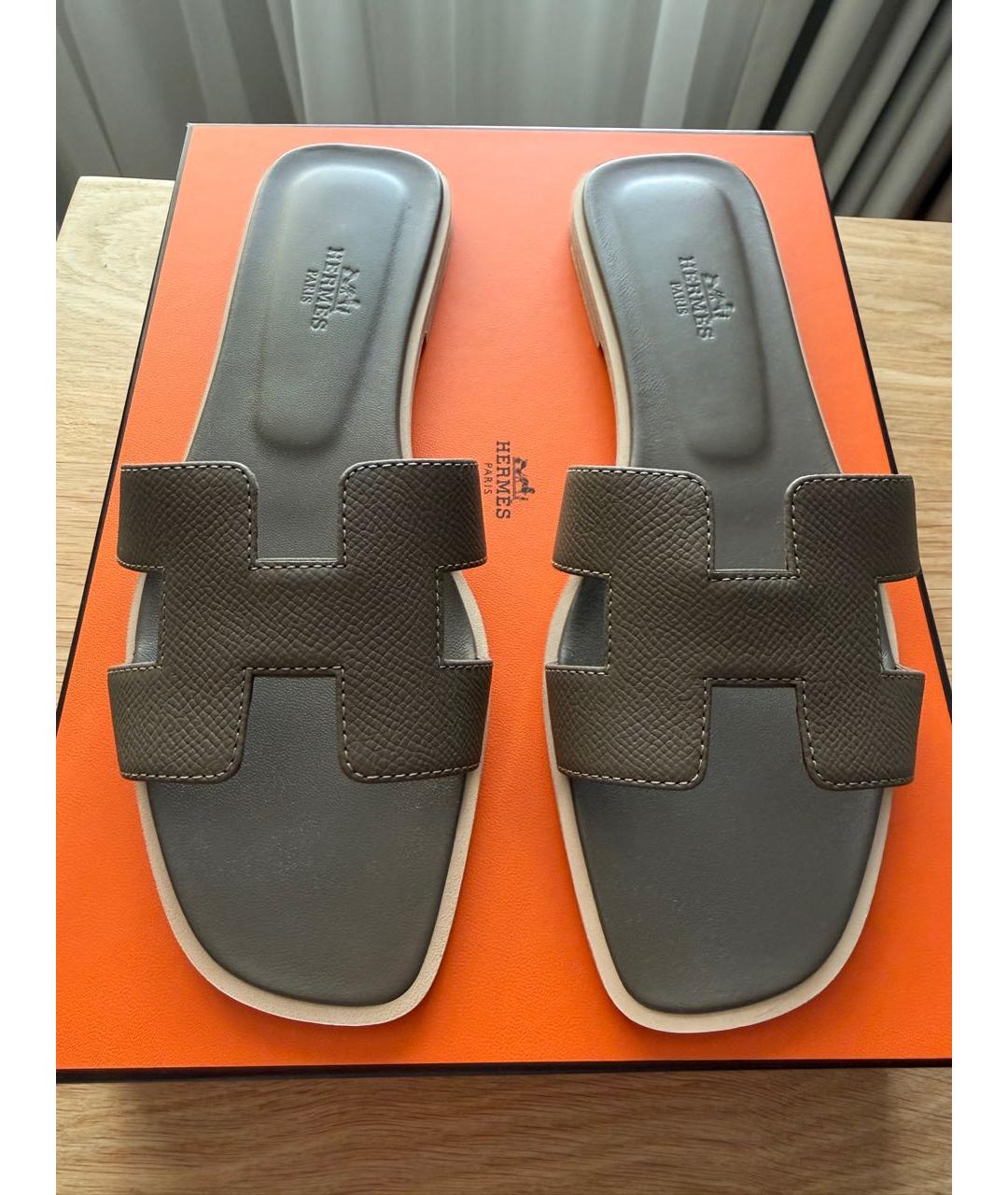 HERMES Антрацитовые кожаные шлепанцы, фото 6
