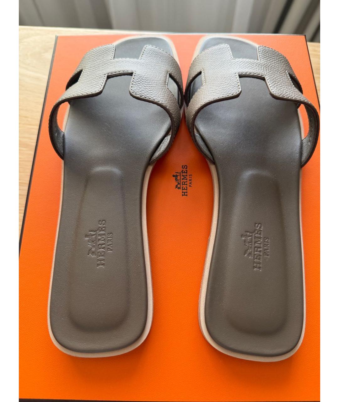 HERMES Антрацитовые кожаные шлепанцы, фото 2