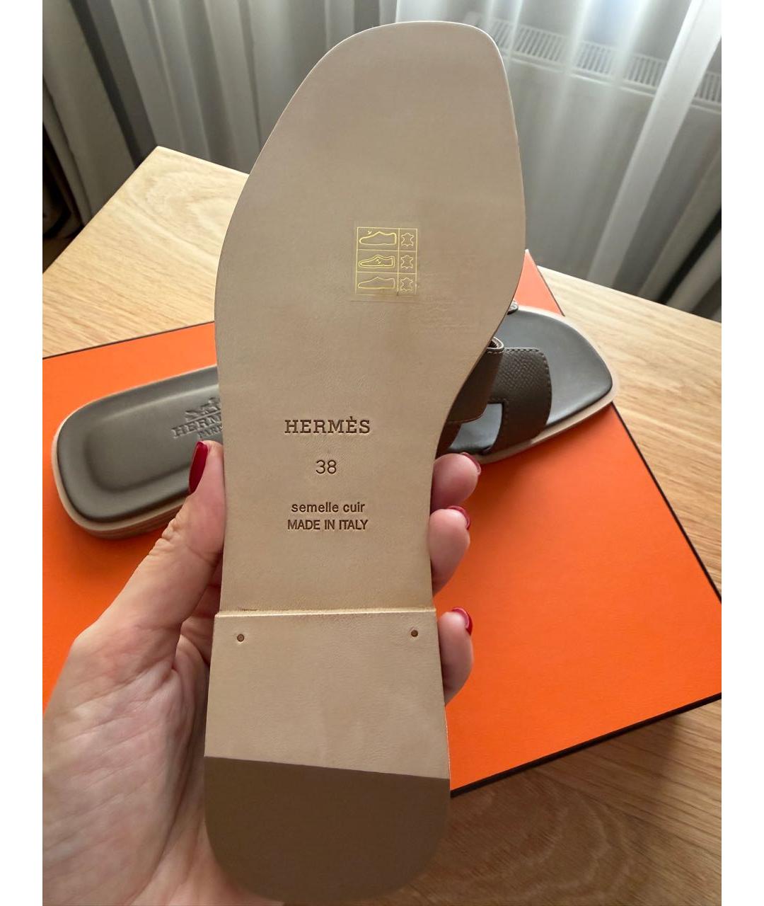 HERMES Антрацитовые кожаные шлепанцы, фото 3