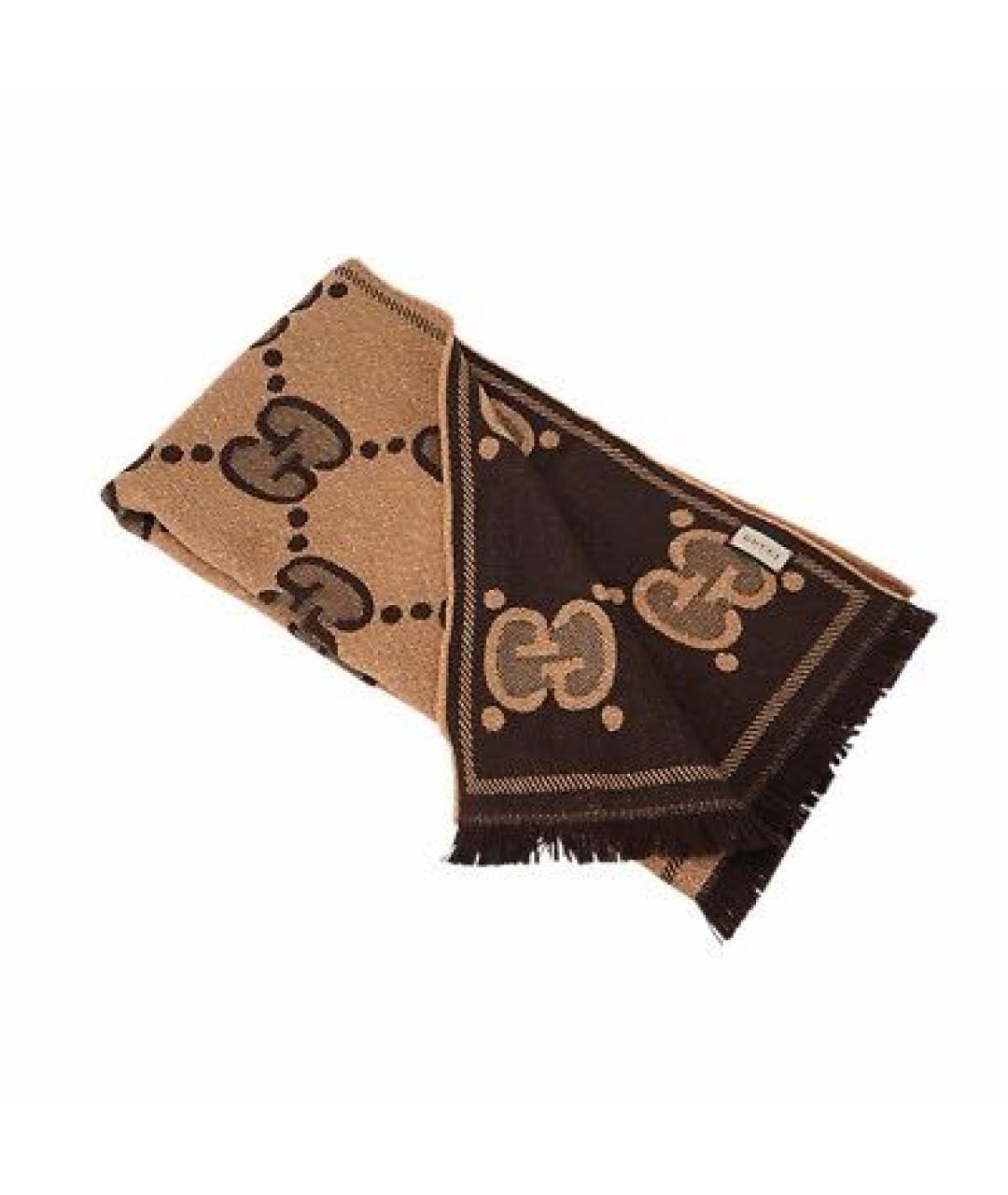GUCCI Коричневый шерстяной шарф, фото 6