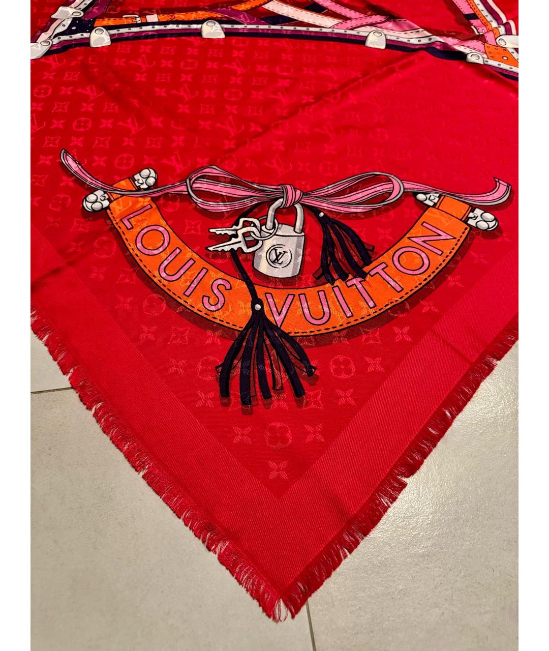 LOUIS VUITTON Красный шелковый платок, фото 5
