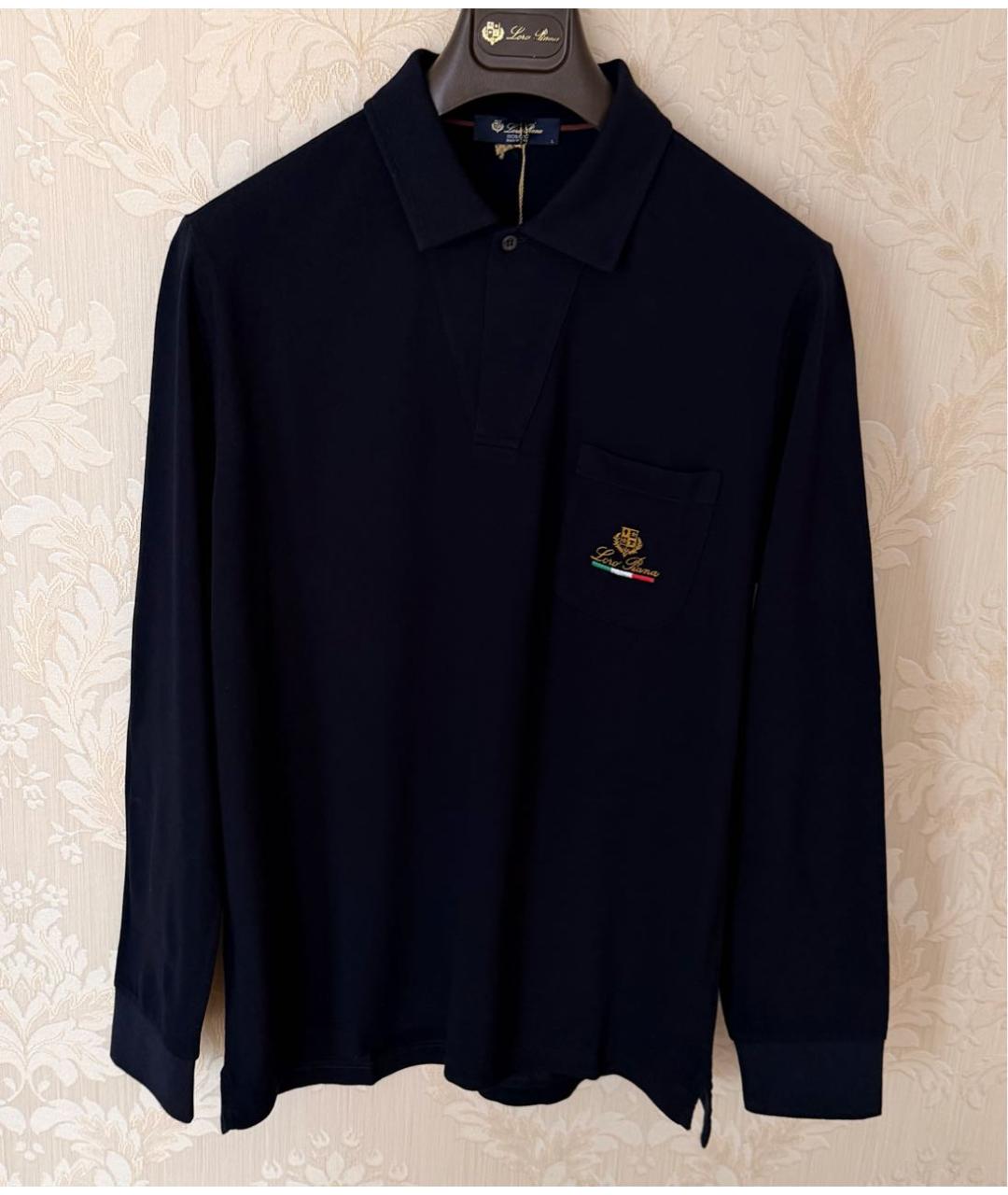LORO PIANA Темно-синее хлопковое поло с длинным рукавом, фото 5