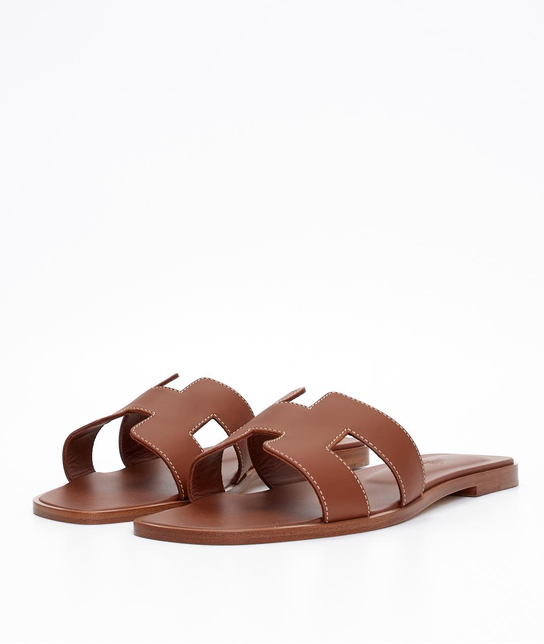 HERMES Коричневые кожаные шлепанцы, фото 2