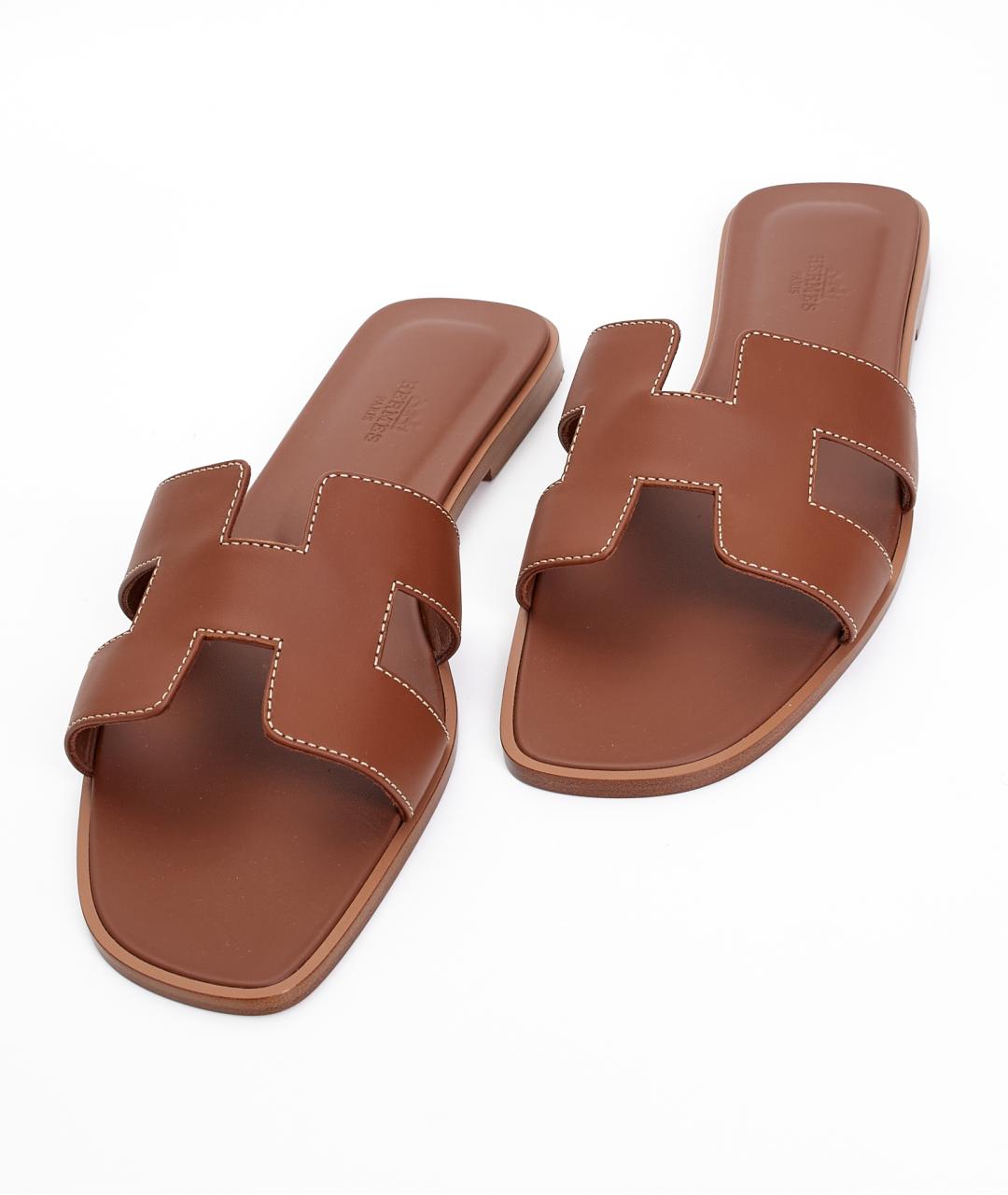 HERMES Коричневые кожаные шлепанцы, фото 4